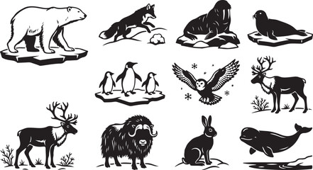Set of arctic and antarctic animal silhouettes including a polar bear, fox, walrus, seal, penguins, owl, reindeer, muskox, hare, and beluga whale in a flat black and white style © MdAbu