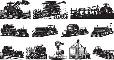Set of black and white agricultural featuring tractors, combine harvesters, hay balers, grain silos, and farm machinery performing various field tasks like plowing, planting, and harvesting © MdAbu