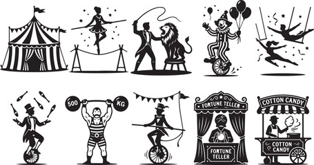 Set of black and white circus featuring a big tent, tightrope walker, lion tamer, clown on a unicycle, trapeze artists, juggler, strongman, fortune teller, and a cotton candy cart © MdAbu