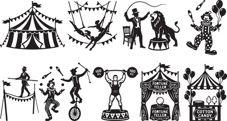 Set of black and white circus featuring a big tent, acrobats, a lion tamer, a juggling clown, a tightrope walker, a unicyclist, a strongman, a fortune teller booth, and a cotton candy stand © MdAbu