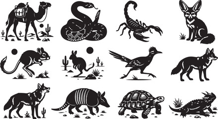 Set of black and white desert animal silhouettes featuring a camel, rattlesnake, scorpion, fennec fox, kangaroo rat, jackrabbit, roadrunner, coyote, armadillo, tortoise, and horned lizard © MdAbu