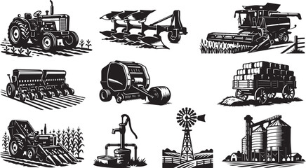 Set of black and white farm machinery including tractors, combine harvesters, plows, hay balers, grain silos, a windmill, and a horse-drawn wagon loaded with hay bales on a white background © MdAbu