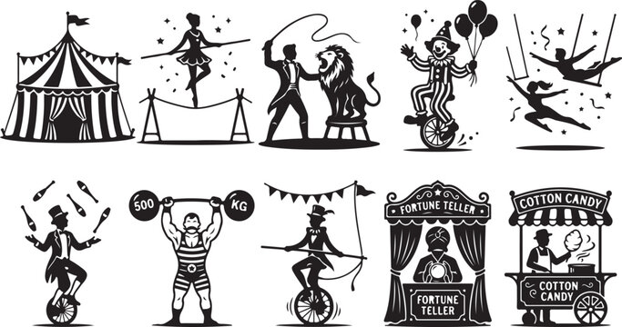 Set of black and white circus featuring a big tent, tightrope walker, lion tamer, clown on a unicycle, trapeze artists, juggler, strongman, fortune teller, and a cotton candy cart