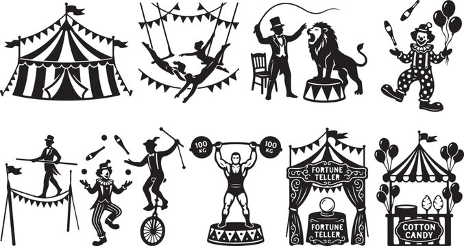 Set of black and white circus featuring a big tent, acrobats, a lion tamer, a juggling clown, a tightrope walker, a unicyclist, a strongman, a fortune teller booth, and a cotton candy stand