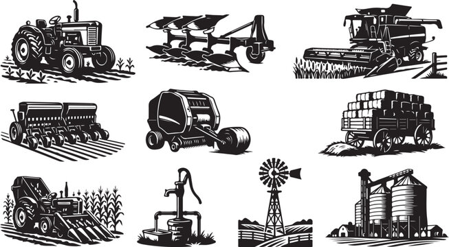 Set of black and white farm machinery including tractors, combine harvesters, plows, hay balers, grain silos, a windmill, and a horse-drawn wagon loaded with hay bales on a white background