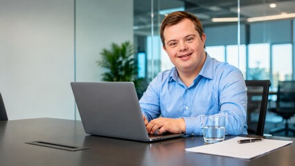 Fototapeta premium Young man with down syndrome smiling while working on laptop in an office setting. Inclusive workplace and digital learning concept