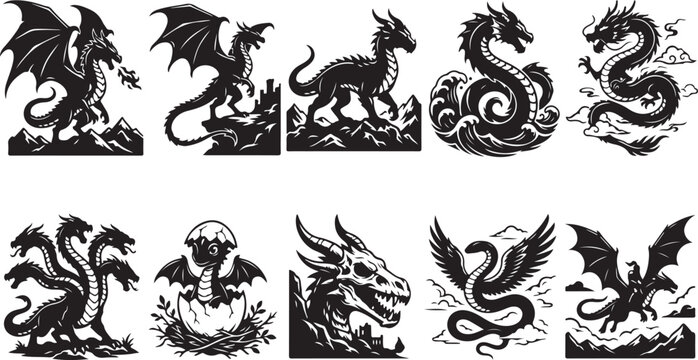 Set of ten black and white dragon silhouettes, featuring various mythical creatures including winged dragons, a multi-headed hydra, a dragon hatching from an egg, and serpentine water dragons