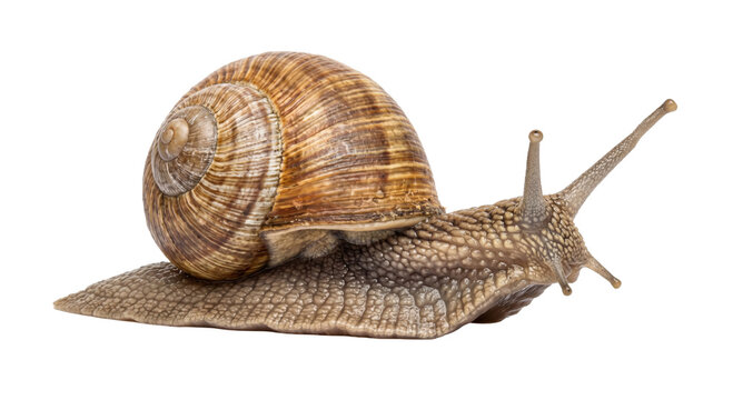 Detailed close-up of a garden snail with its shell and textured body on a white background