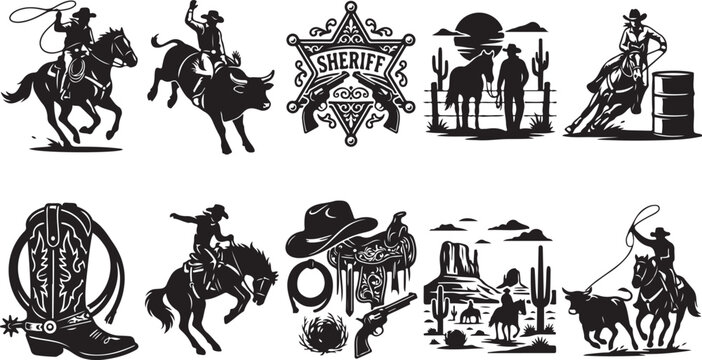 Set of ten black and white western featuring cowboys, horses, bulls, a sheriff badge, desert landscapes, a cowboy boot with a spur, a saddle, a lasso, and a revolver silhouette