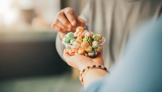 Close up of person hand holding bowl of colorful popcorn offered to someone else