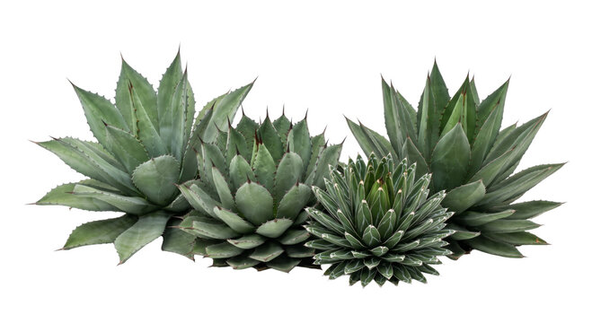 Collection of diverse agave plants with sharp pointed leaves and striking geometric patterns