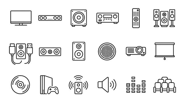 Home Theater System Line Icon Set with TV Soundbar Subwoofer AV Receiver Remote Control and Surround Speaker Outline Symbols