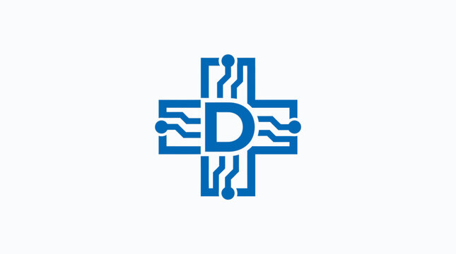 Blue digital medical cross logo with letter D.