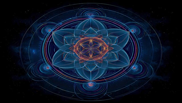 A glowing blue and orange sacred geometry mandala with intricate fractal patterns and a central seed of life design on a dark background.