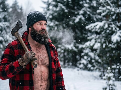 Lumberjack's Resolve: A rugged man with a formidable beard and a beanie, carrying an axe over his shoulder, stands resolute in a snow-covered forest. His bare chest exposed to the cold.