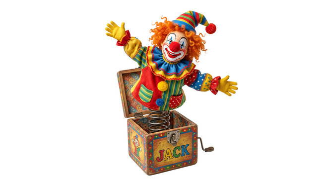 Classic jack-in-the-box toy with a colorful clown popping out on a spring