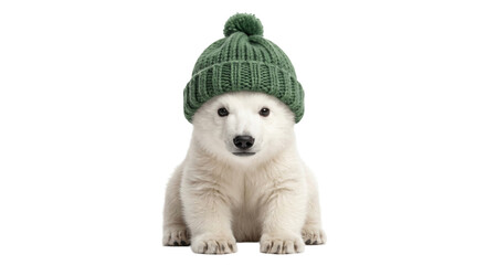 Cute polar bear cub wearing a green knitted hat with a pompom © Sapphire