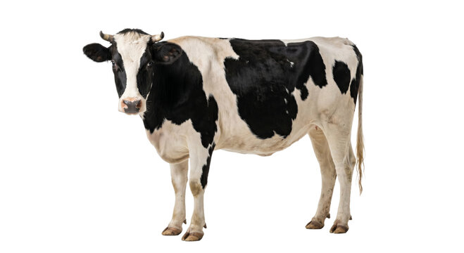 A black and white Holstein cow stands facing forward on a white background
