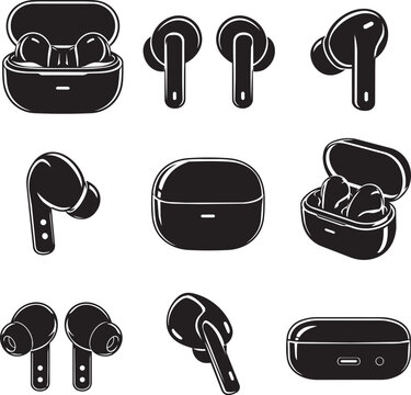 Wireless Earbuds and Charging Case Silhouette Vector Icon Set Collection with True Wireless Stereo Earphones and Charging Case Symbols Isolated on White Background