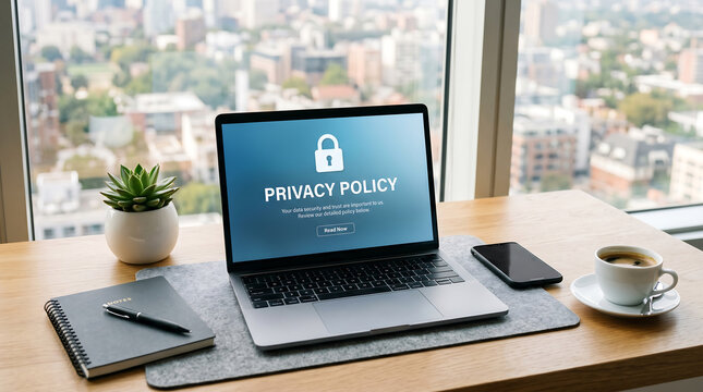 A modern laptop displaying a digital privacy policy screen with a white padlock icon symbol clearly
