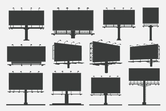 Grey silhouettes of twelve different outdoor advertising billboards shown in various shapes, structures, and angles.