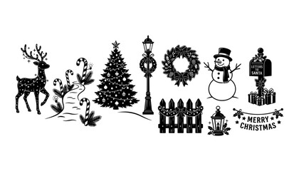 Fototapeta premium Christmas Decorations Featuring Reindeer, Candy Canes, Christmas Tree, Wreath, Snowman, Fence, Lantern, and Letterbox