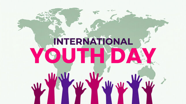 International Youth Day banner with raised hands, global world map background for social awareness, diverse youth community celebration graphic