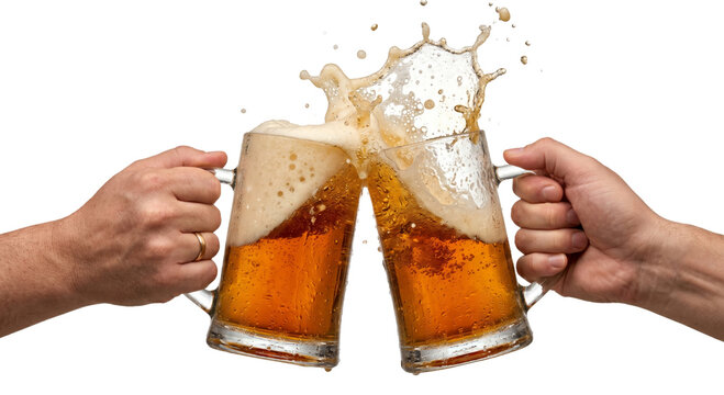 Two hands clinking beer mugs with frothy beer splashing upwards