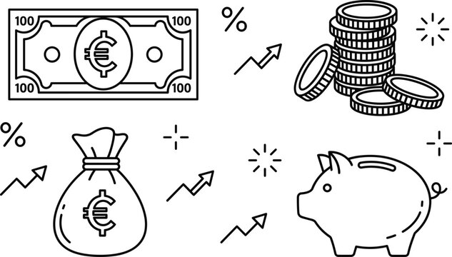 Euro finance money icon set vector illustration with piggy bank coins currency note bag growth arrow line art