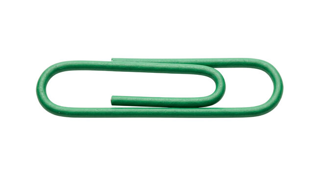 A single green paperclip isolated on a clean white background