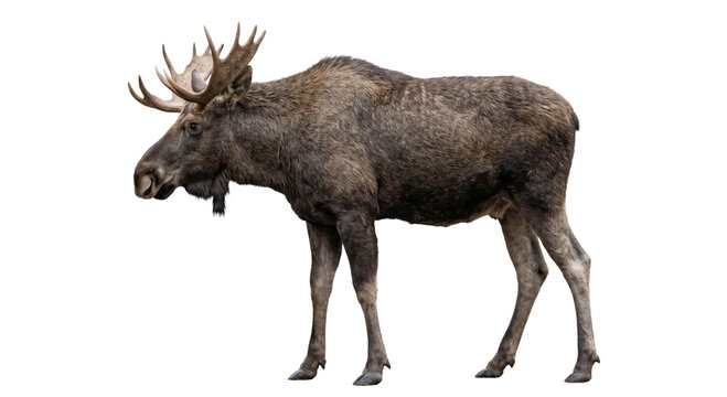Majestic bull moose with large antlers stands isolated on a white background