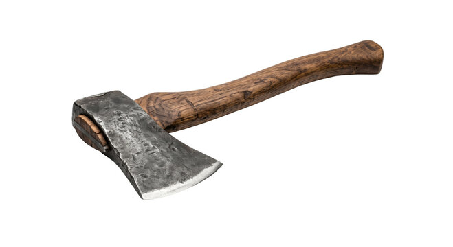 Antique hand axe with weathered wooden handle and metal head on white background