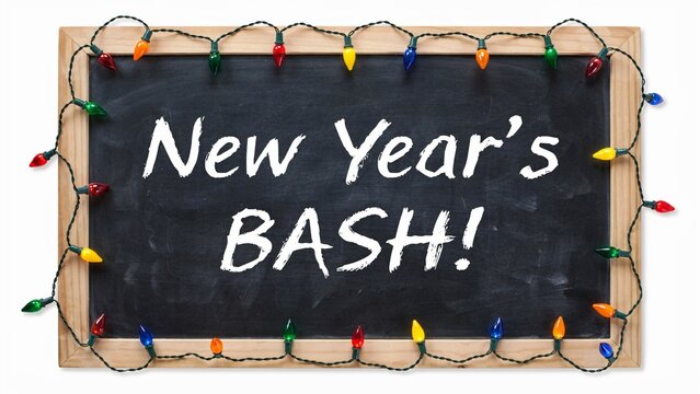 New Year's party decoration, chalkboard sign with colorful lights, festive holiday background, celebration announcement