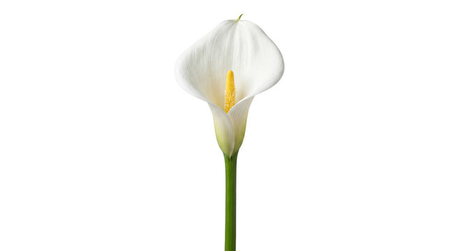 Elegant white calla lily flower with a bright yellow spadix on a green stem