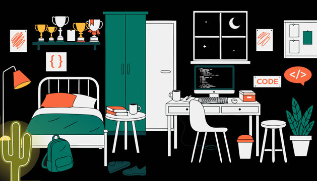 Flat vector illustration of a cozy bedroom interior with a desk computer trophies and a wardrobe for a student with trophies shelf bedroom bed