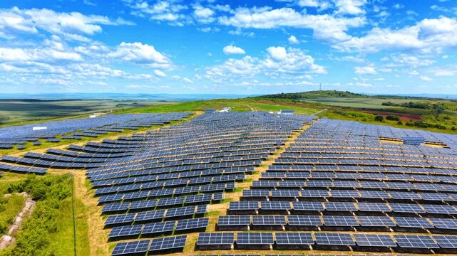 Solar power farm on green hills under blue sky. Wide aerial view of massive solar panel array on green hills under blue cloudy sky.