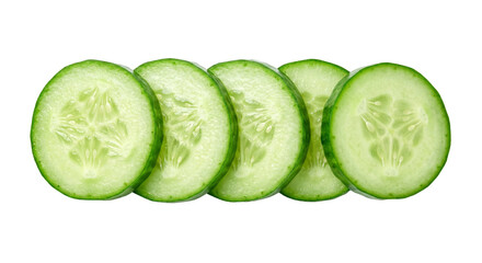 Freshly sliced cucumber rounds arranged in a row on a white background © Sapphire