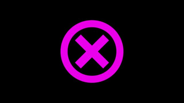pink color cross sign icon animation circle cancel wrong error warning reject no stop sign symbol on black background	