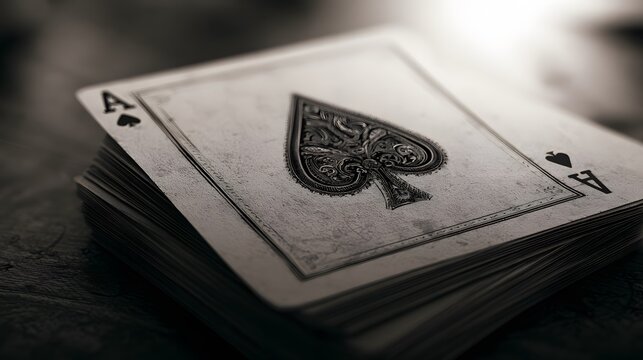 A close-up, high-angle shot highlighting an antique-style ace of spades card atop a stack of playing cards, creating a mysterious and vintage mood with soft, dramatic lighting