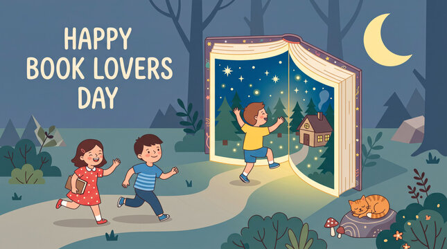 National Book Lovers Day graphic with yellow open book and red heart, August 9 celebration banner, literary education concept illustration