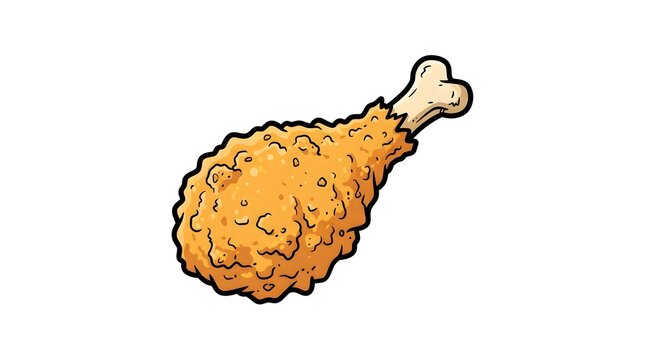 Cartoon illustration of a crispy golden fried chicken drumstick isolated on a white background. Hand drawn fast food meat vector design