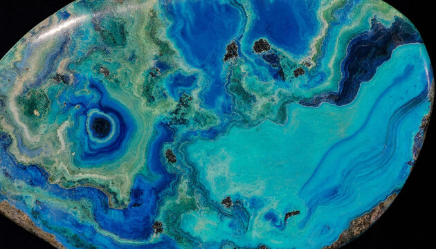 Close up of a polished gemstone slice showing intricate swirling patterns of vibrant blue, turquoise, and green mineral colors