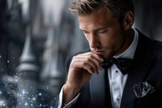 Elegant man in formal attire contemplating in a mystical setting during evening hours
