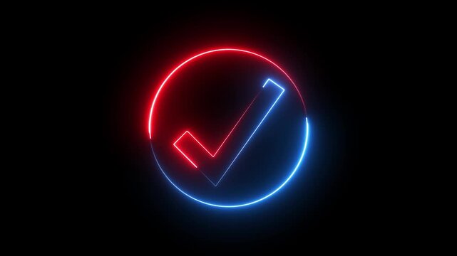 Glowing neon red and blue color checkmark sign icon animation circle tick accept done right confirm ok yes verify success sign symbol on black background