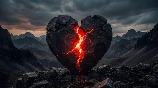 Glowing broken stone heart with magma core in dramatic mountain landscape