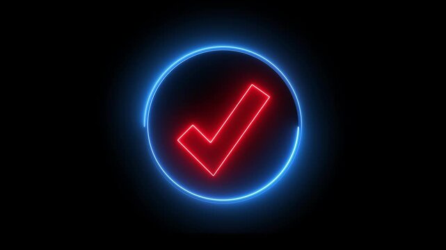 Glowing neon red and blue color checkmark sign icon animation circle tick accept done right confirm ok yes verify success sign symbol on black background