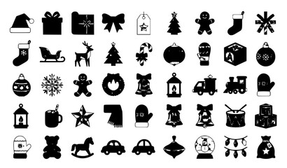 Festive holiday and toy flat icon set with Santa hat gift wrapping paper sleigh reindeer Christmas decorations and toys isolated on white background © Jahangir