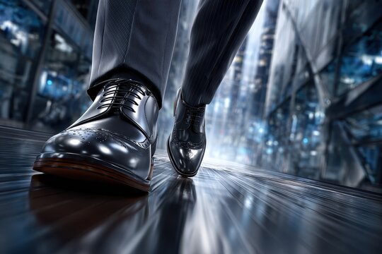 Businessman walking confidently in polished shoes on sleek urban floor