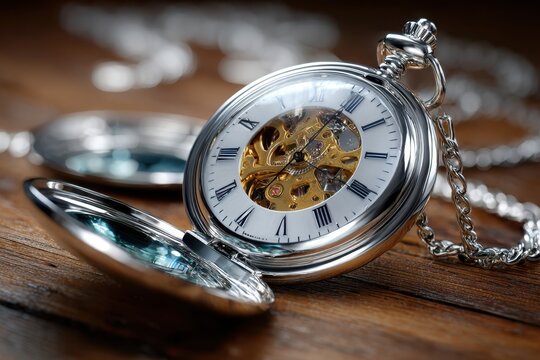 Elegant silver pocket watch with intricate skeleton design resting on wooden table