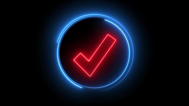 Glowing neon red and blue color checkmark sign icon animation circle tick accept done right confirm ok yes verify success sign symbol on black background